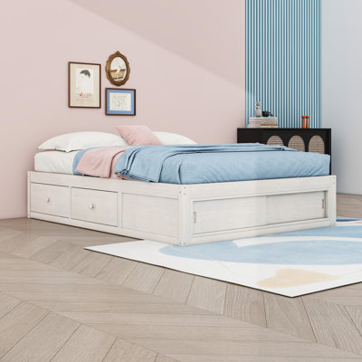 Queen Platform Bed with Built-In Storage Drawers and Shelves