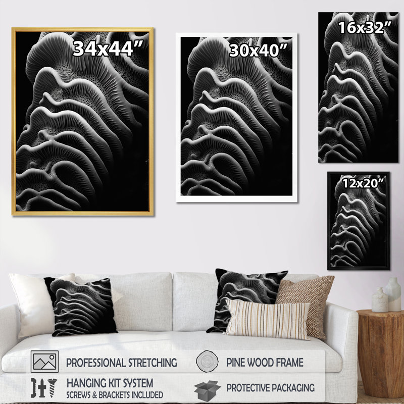 «Black and White Coral Mystic Abyss», reproduction sur toile, H 20 po x l 12 po x P 1 po, Cadre doré simple