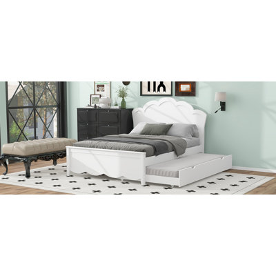 Full Size Wood Platform Bed With Headboard & Twin Trundle In White - , Space Utilizing, No Box Spring Size And Trundle, Spring, High Load-bearing Capacity