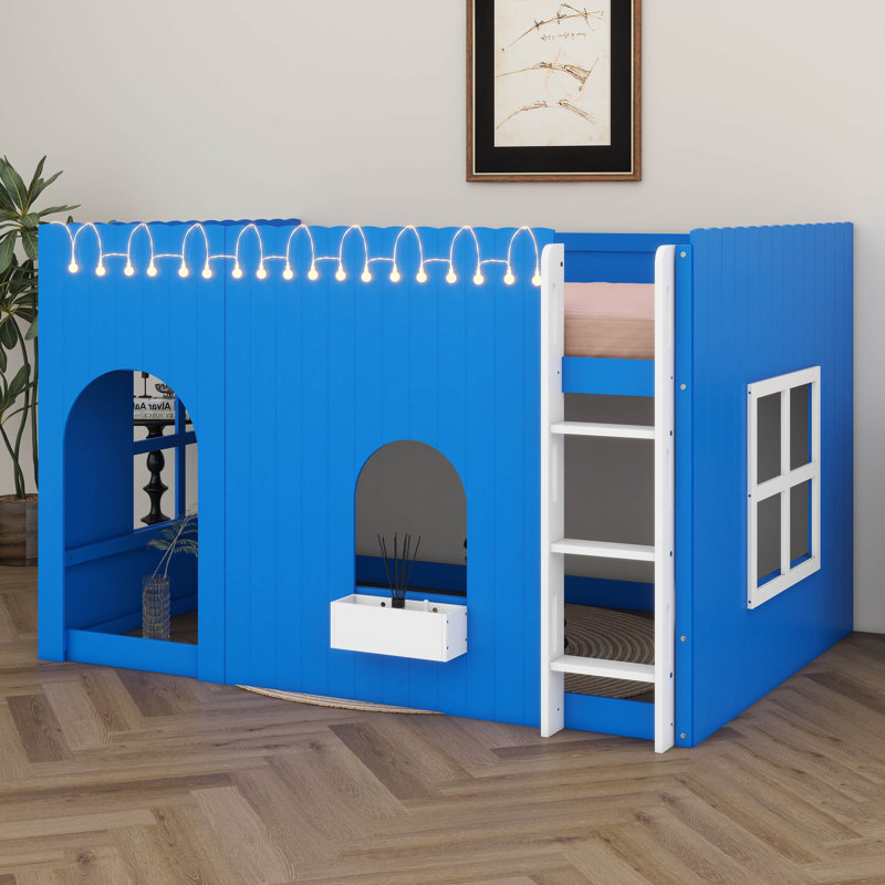Lit mezzanine pour enfants avec guirlande lumineuse à DEL, maison en bois avec fenêtre pour garçons, Klein Blue, Full