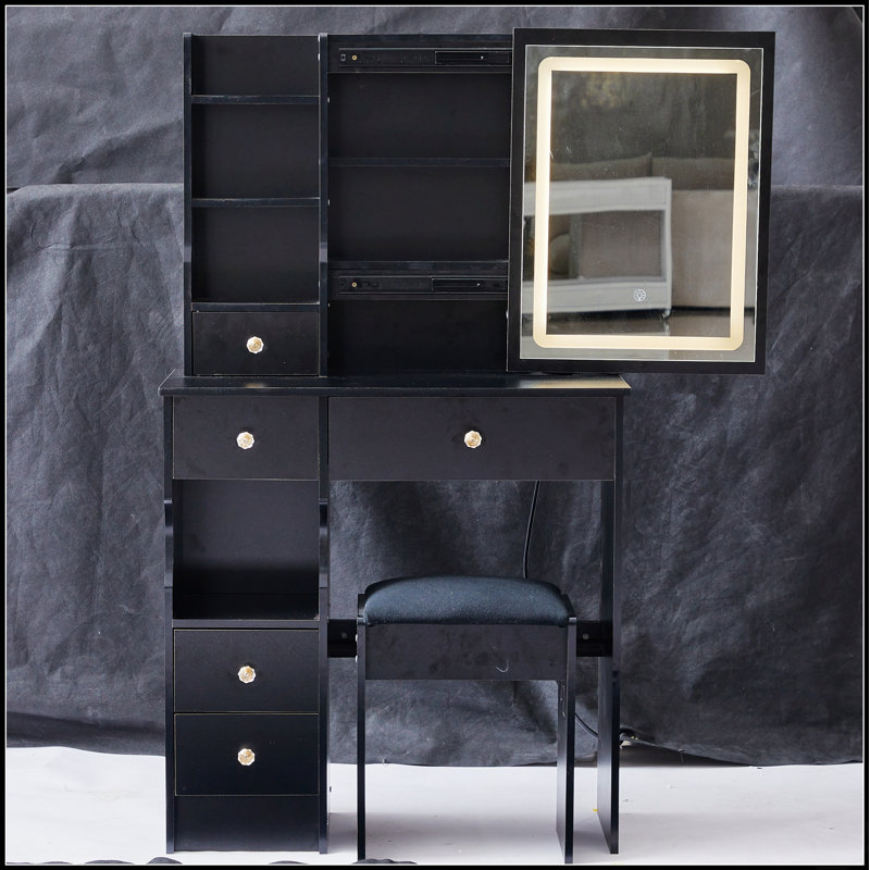 Compact Vanity Table With Touch Control LED Mirror, High Capacity Storage, And Cushioned Stool For Small Spaces