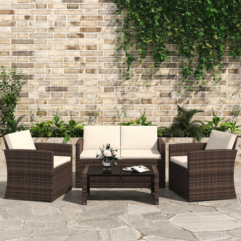 4 - Piece Pe Patio Furniture Set With Thick Cushions - 2 Chairs, 1 Loveseat & Coffee Table - All - Weather, Stylish For Garden, Patio, Backyard