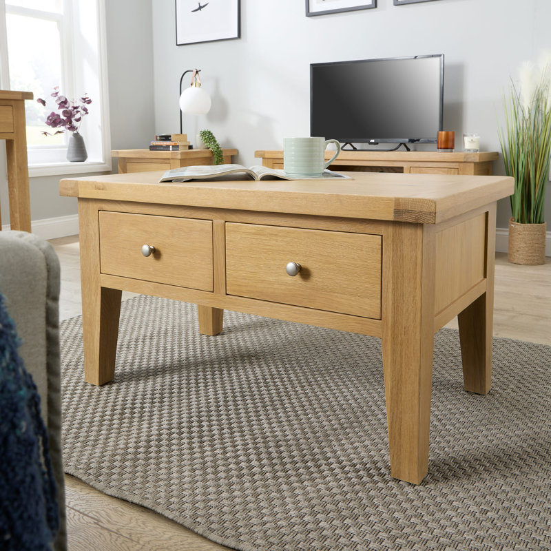 Cooksey Fully Assembled 2 Drawer Coffee Table Oak Finish, Brown