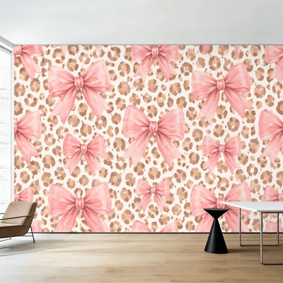 Papier peint adhésif à motifs léopard et nœuds roses, style aquarelle, design féminin, 254 cm (H) x 366 cm (L), amovible, en PVC, autocollant, pour chambre, salon ou bureau.