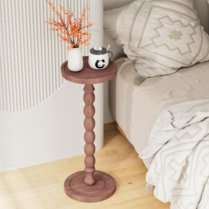 Solid Wood Side Table For Small Spaces, Rubber Wood Round Pedestal End Table For Living Room, Bedroom, Office, Mid-Century Modern Design With Waterproof Finish