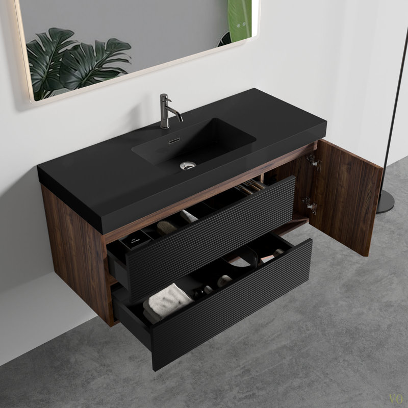 Meuble-lavabo 48 po avec lavabo à quartz et tiroirs souples et une porte, meuble-lavabo mural flottant pour salle de bain moderne, lavabo, pré-assemblé