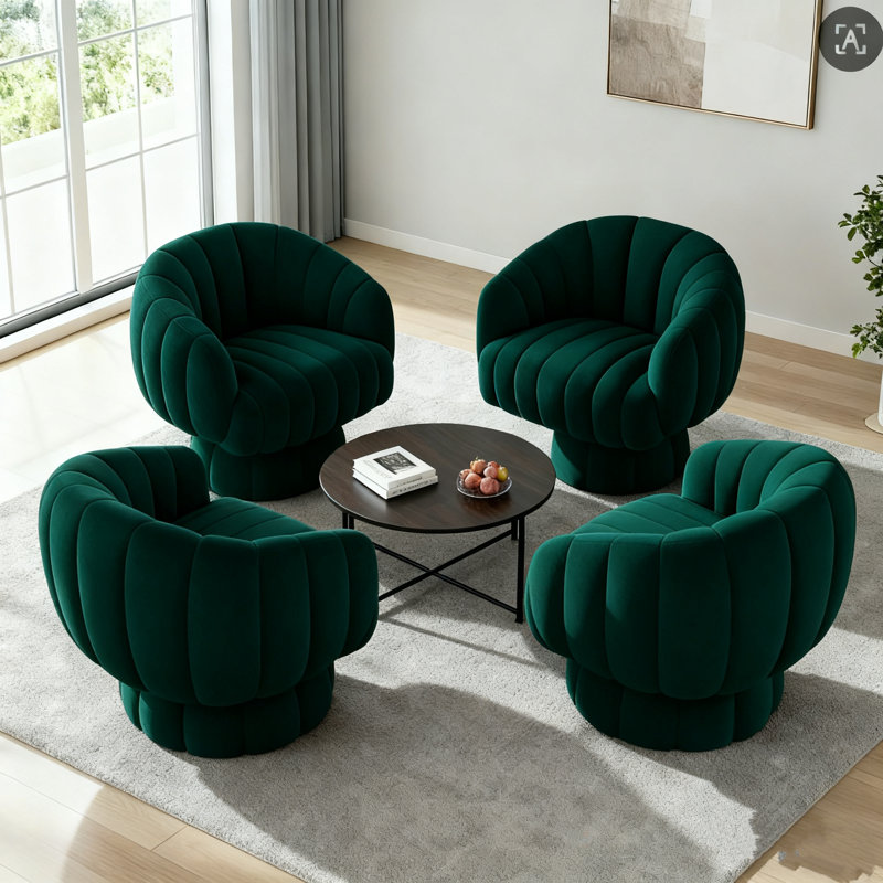 Fauteuil demi-tonneau pivotant rembourré avec coussin (ensemble de 2), Velours vert
