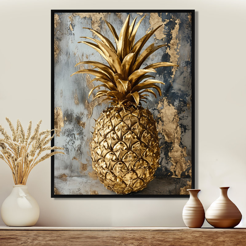 Golden Glam Pineapple - Ananas, art mural, H 32 po x l 16 po x P 1 po, Toile avec cadre flottant noir