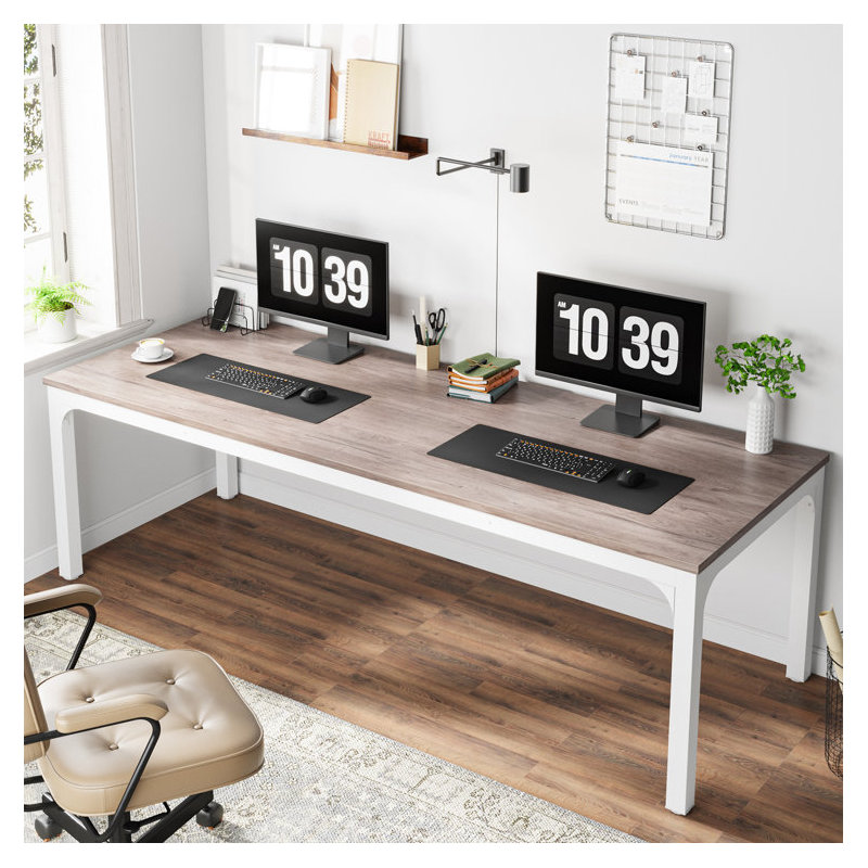 200cm W Metal Base Computer Desk, White, Gray