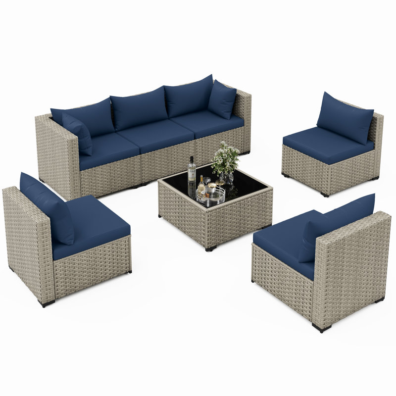 Ensemble de conversation de patio 7 pièces avec table basse et coussins, Marine
