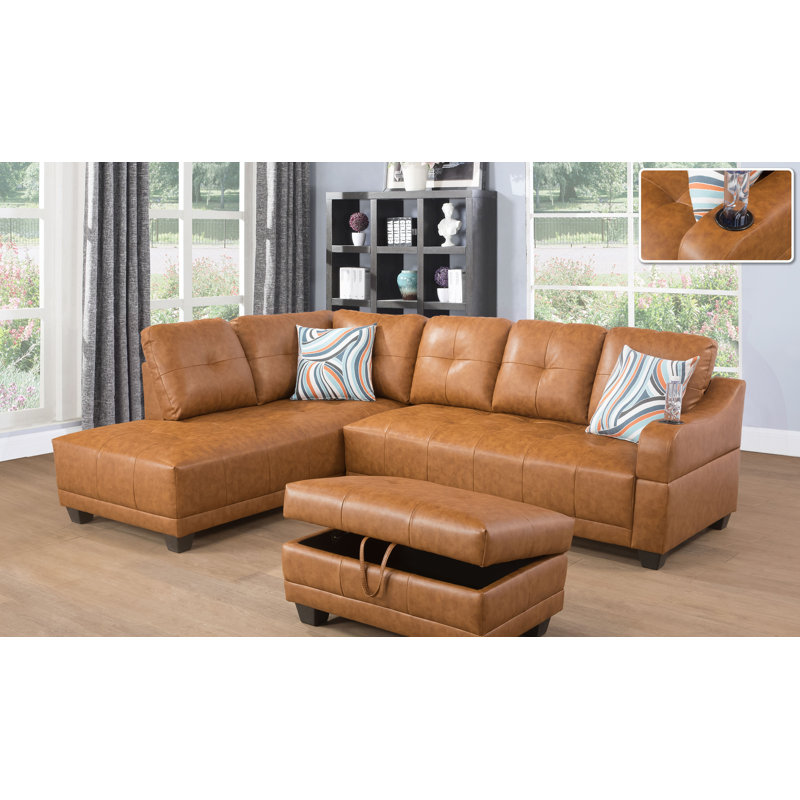Gioia Faux Leather L-Shaped Sectional, Left Hand Facing, Off White Faux Leather
