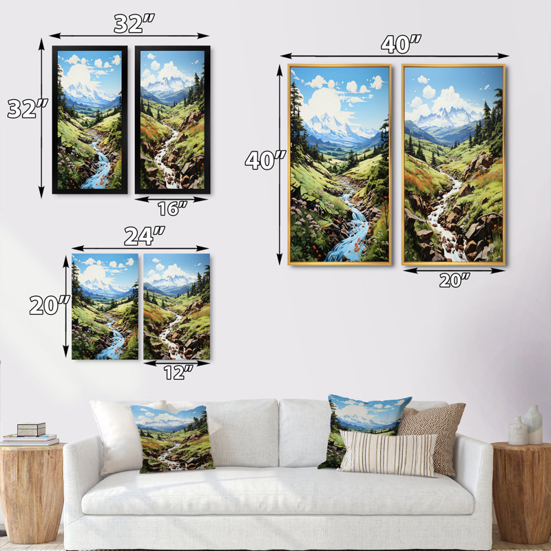 «Green Mountains Summer Peaks Pastoral», 2 pièces, Encadrement doré, H 24 po x l 20 po