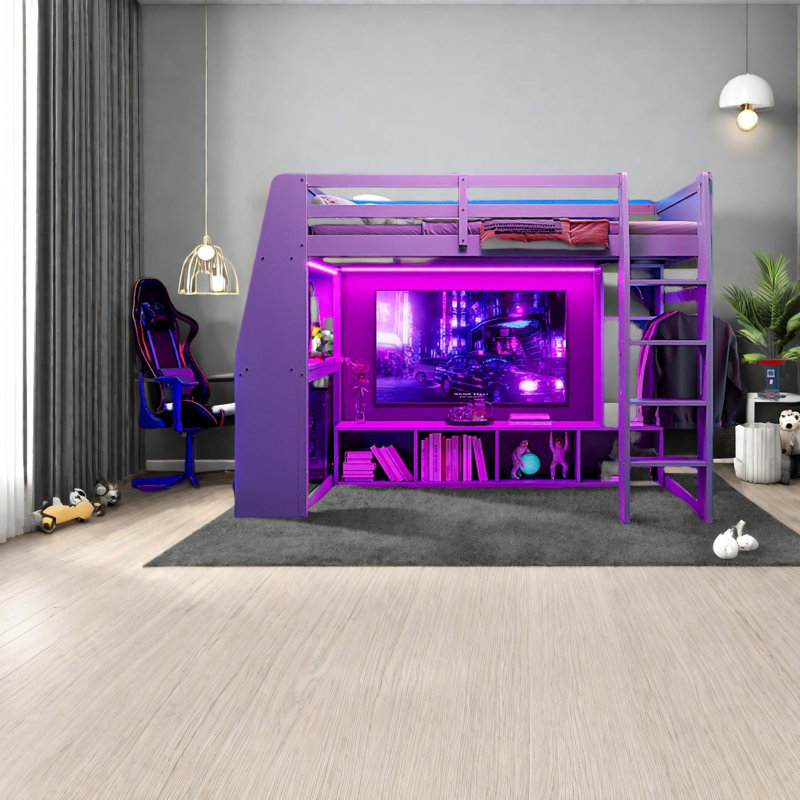 Lit mezzanine en bois compact avec rangement multifonctionnel et DEL, gris