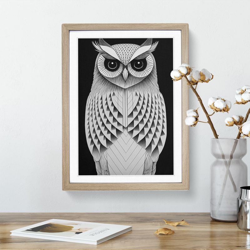Owl in Monochrome No.5 - Framed Print, 34cm H x 25cm W x 2cm D, Oak