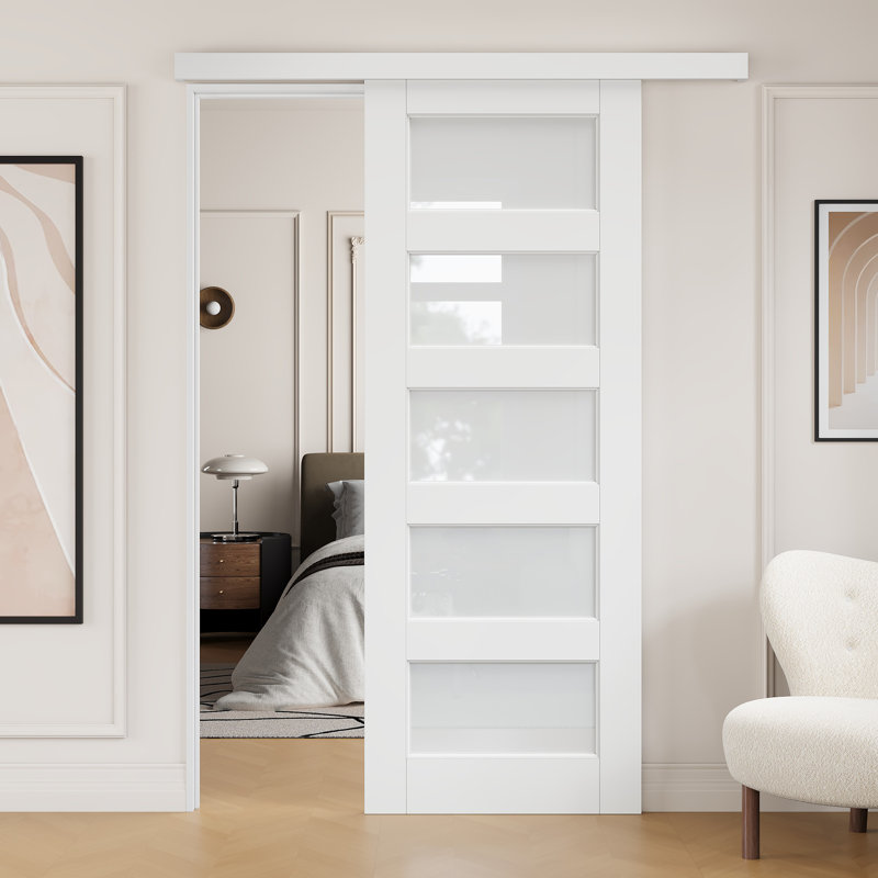 Porte coulissante en verre givré blanc apprêté H 80 po avec quincaillerie de rail caché - Dalle de porte pré-assemblée, installation facile