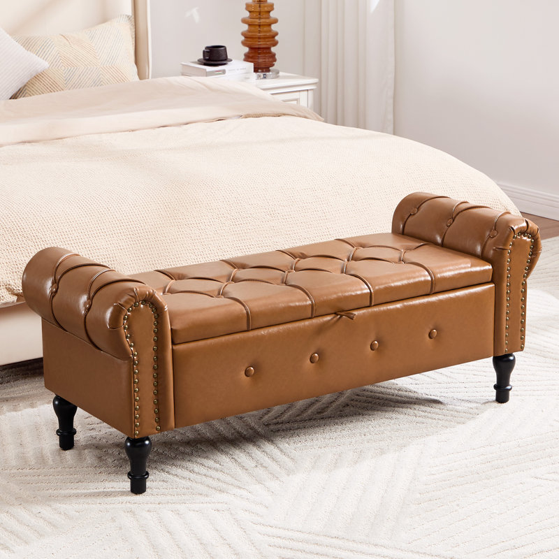 Elegant Upholstered Storage Bench with Roll Arms and Stylish Stitching & Button Design, Brown