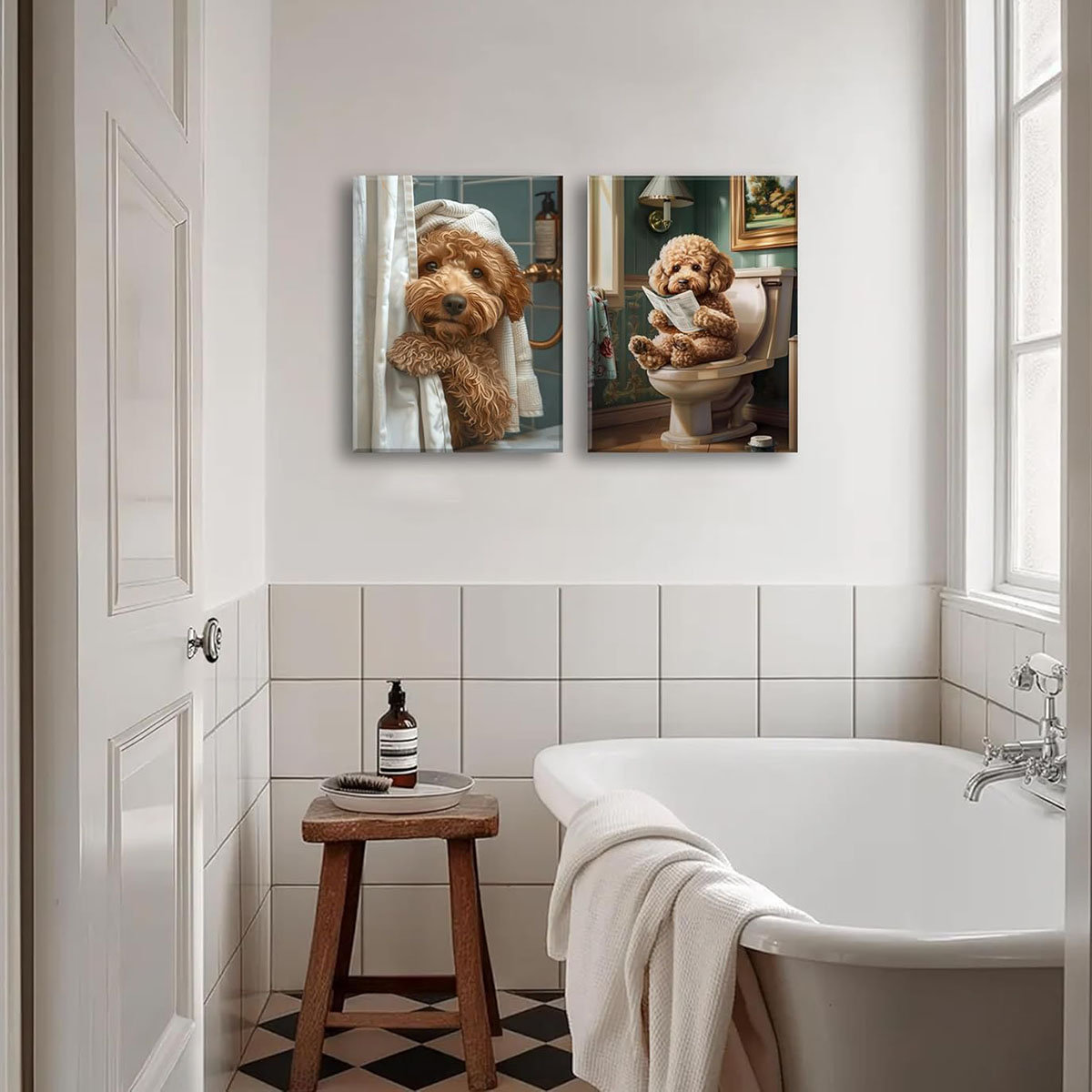 Trinx 2 Pcs Funny Animal Bathroom Canvas Wall Art Cute Dog Reading ...