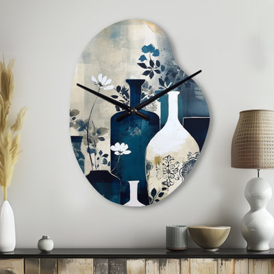 Blue And Cream Whimsical Clay Vase II - Boho Pottery Unique Shape Metal Wall Clock, Traditional Asymmetrical Wall Clock Print