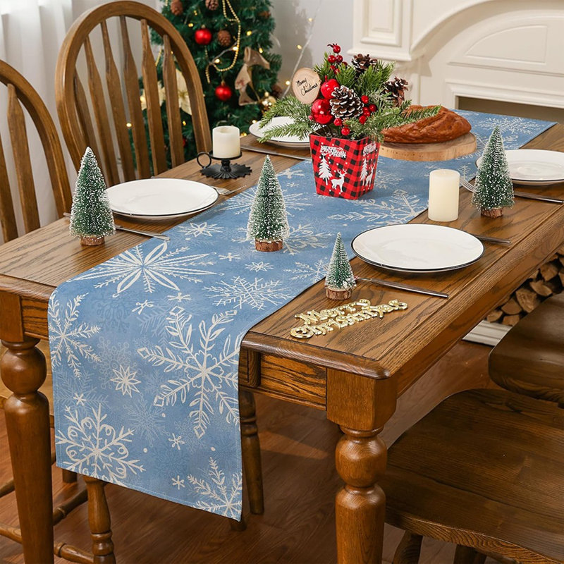 Chemin de table de Noël, décorations de Noël bleues, flocon de neige, chemin de Noël pour table