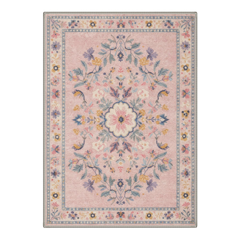 Airville Floral Machine Washable Blush/Beige/Teal Indoor Area Rug With Non-Slip Backing, Round 5'
