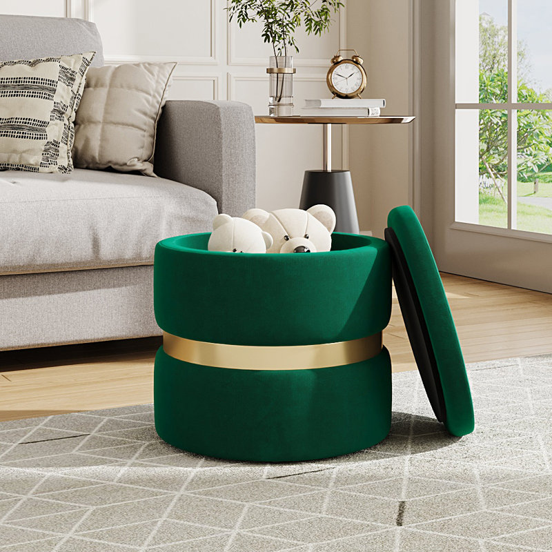 40cm Wide Velvet Cylinder Standard Ottoman with Storage, Green
