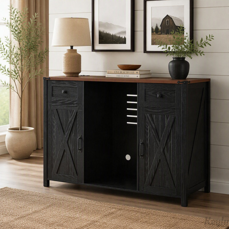Armoire réfrigérée de style champêtre avec prise électrique et espace de rangement, Walnut/Black