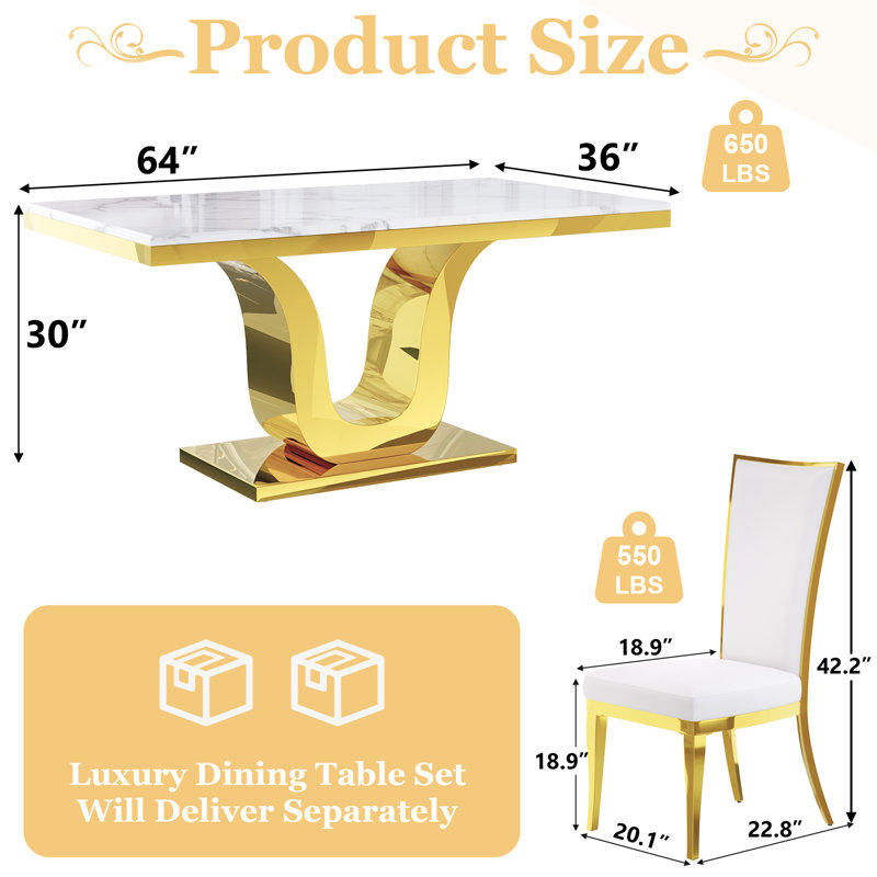 Glam 5 Piece White And Gold Dining Table Set With 4 White Velvet Dining Chairs, 5 Pieces: Table, 4 Chairs