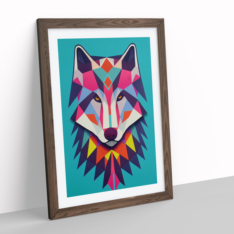 Colourful Abstract Wolf - Wall Art, 66cm H x 48cm W x 2cm D, Walnut Framed, White