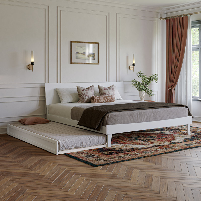 Phoenix Wood Platform Bed with Trundle, White, King