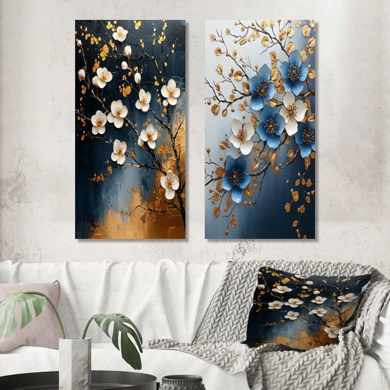 «Blue Cherry Blossom Tree Scenery III», ensemble d'art mural 2 pièces, Toile tendue, H 28 po x l 24 po