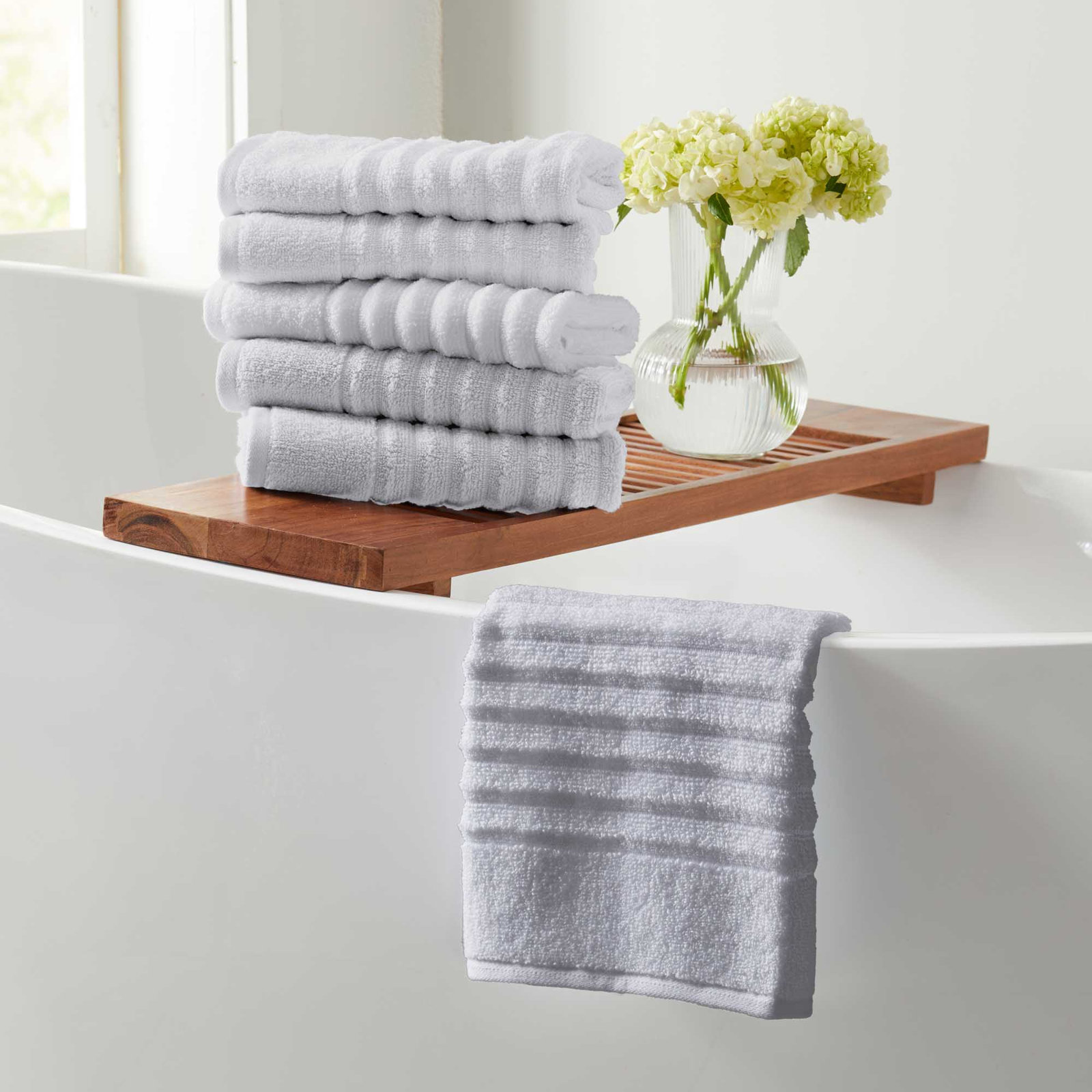 Zero-Twist Cotton Ribbed Hand Towels, Mid Gray, Hand Towels - 6 Pack