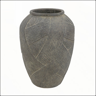 D9.8x13.8" Hand Finished Terracotta Vase with Cross Hatch Woven Texture Stately Rounded Form Table Centerpiece