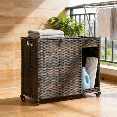 Grand trieur à linge à roulettes avec tablettes, 4 sacs de doublure amovibles et 3 sacs en filet, organisateur en rotin tissé à la main avec roues pour la chambre à coucher, la salle de bain ou la salle de lavage