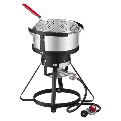10 Qt Aluminum Propane Fryer Kit with Basket, Outdoor Cooker for Seafood, Chicken Wings, Fries, and More, Cooking Pot with Stand, Handle, and 54,000 BTU Burner