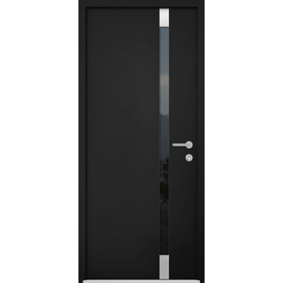 Front Exterior Prehung Steel Door Cynex 6777 Black Stainless Inserts Single Modern Painted-W32 x H80-Left-hand Outswing