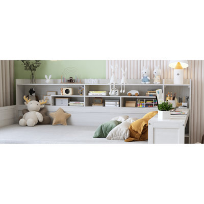 Lit de jour en bois avec tablettes de rangement, lit multifonctionnel avec deux tiroirs de rangement et bureau d'étude