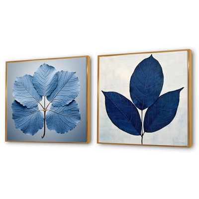 Blue Leaves Sapphire Silhouette - Leaves Square Collage Set Of 2