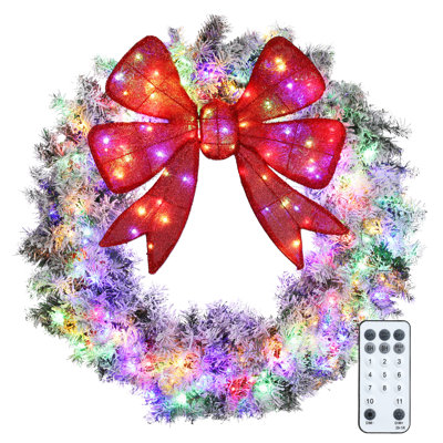 36in Flocked Pre-Lit Artificial Christmas Wreath with 3D Red Bow, 11 Lighting Modes, Front Door Christmas Wreath with Remote, 140 LED Lights, 300 Tips for Indoor Outdoor Holiday Decoration