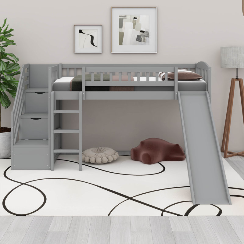 Space Efficient Pine Wood Frame Stairway Loft Bed With  Slide, Guardrails,Convertible Ladder, Gray