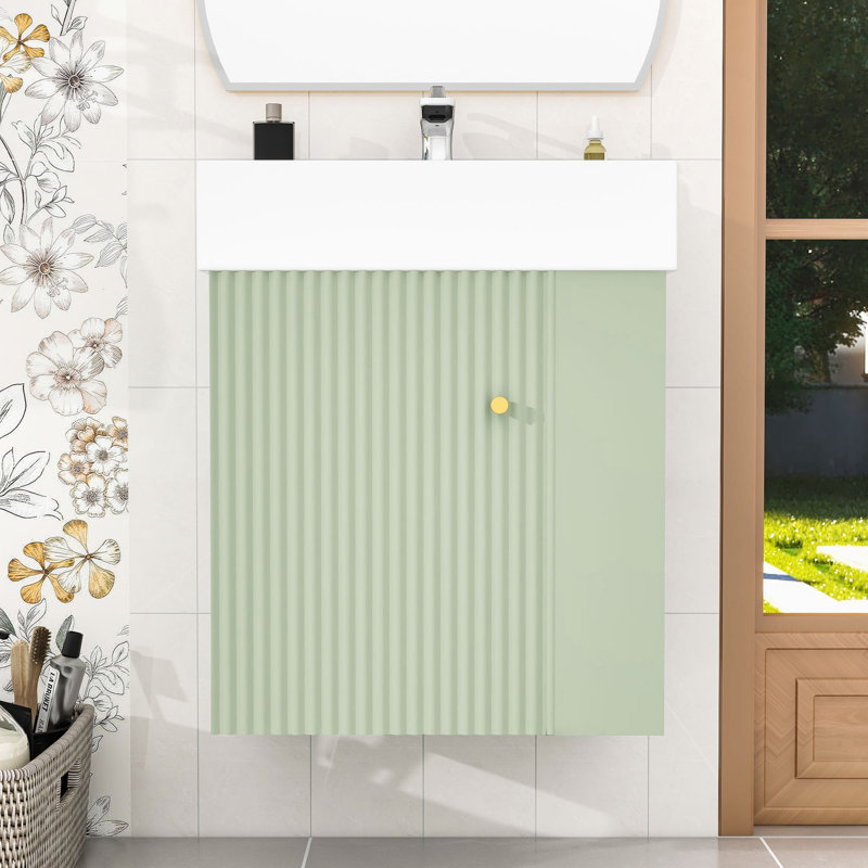 Maurice Modern Floating Bathroom Vanity with Ceramic Sink, Wave-Patterned Door and Storage Shelves, Green