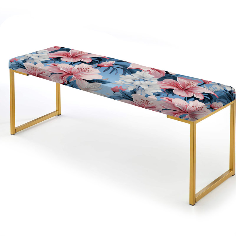 Floral Upholstered Gold Bench, Tranquil Flora Tropical