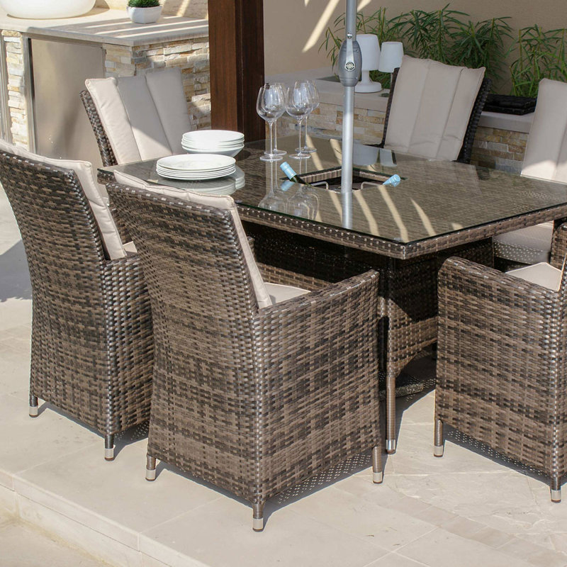 Zayd 6 Seat Rectangular Rattan Dining Set - with Ice Bucket, Black/Brown/Beige