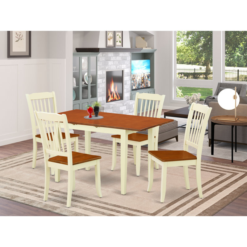 5 Piece Dining Room Furniture Set Includes a Rectangle Wooden Table with Butterfly Leaf and 4 Kitchen Dining Chairs, Buttermilk & Cherry