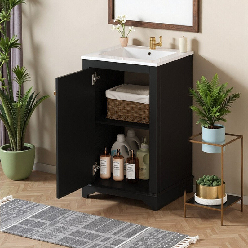 Meuble-lavabo de 20 pouces avec lavabo intégré, tablette réglable, style moderne, noir.