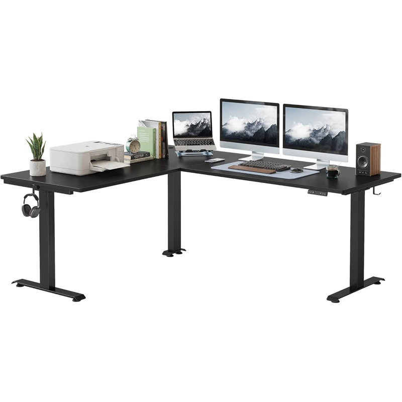 Table de bureau électrique à hauteur réglable en L électrique, Noir, noir, noir, noir