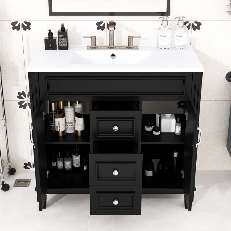 Meuble-lavabo moderne avec lavabo supérieur, armoire de rangement avec portes à fermeture douce et tiroirs, Black
