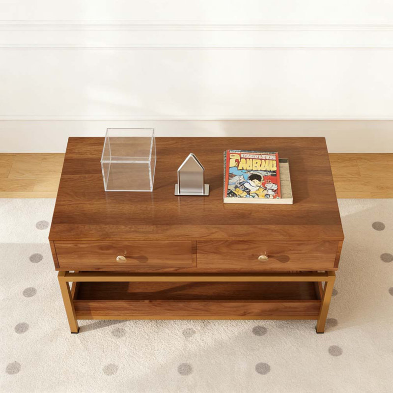 Table basse moderne 39,4 "avec 2 tiroirs et tablette ouverte, Noyer