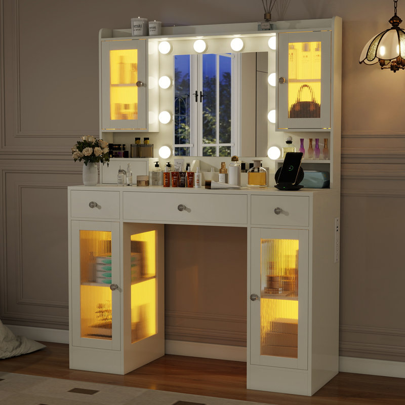 Table de coiffeuse avec miroir, lumières et station de charge - blanc