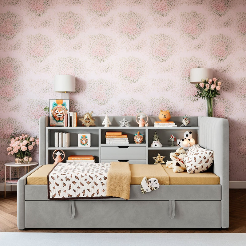 Twin Size Upholstered Daybed with Trundle & Charging Ports - 80" Storage Daybed for Guest Room, Includes USB & Power Outlet