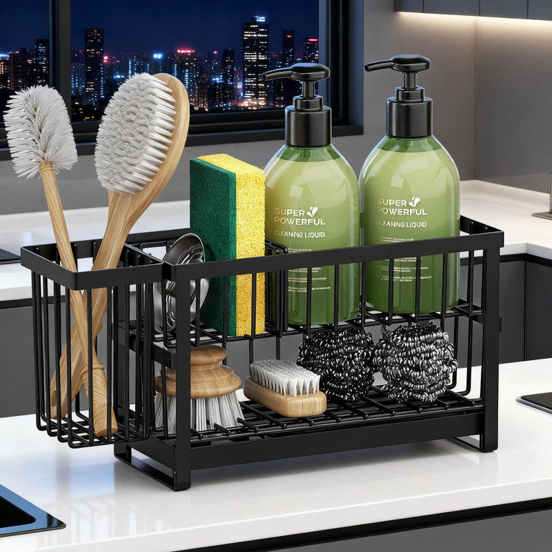 Organisateur d'évier de cuisine à 2 niveaux avec plateau de drain à 360 ° et porte-brosse, éponge en acier inoxydable antirouille et support à savon à vaisselle pour accessoires de comptoir